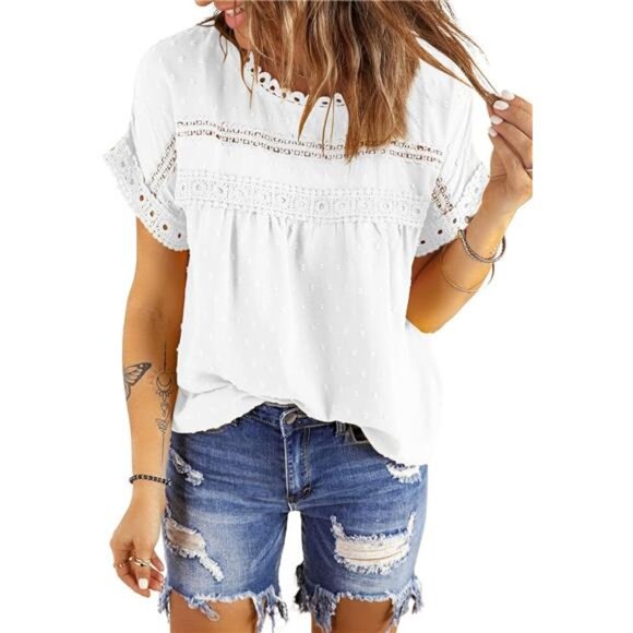 Womens Summer Tops Crewneck Lace Crochet Short Sleeve Shirts Chiffon Blouses - Picture 1 of 7